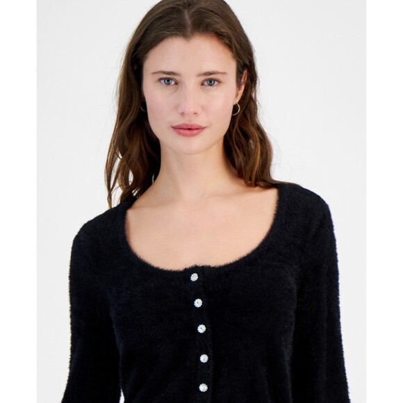 Planet Heart Juniors' Rhinestone-Button Fuzzy Eyelash Cardigan Sweater, Black, L - Picture 3 of 3